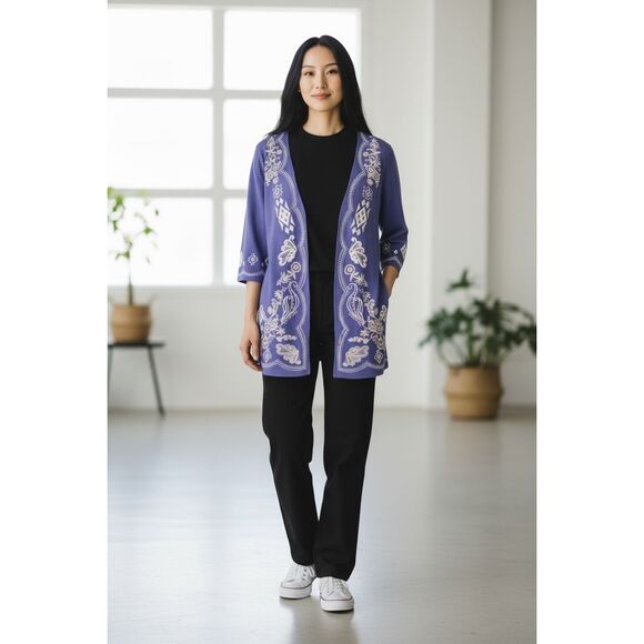Short Open Front Cardigan Size S Blue Floral Embroidered 100% Linen 3/4-Sleeve - Picture 1 of 11